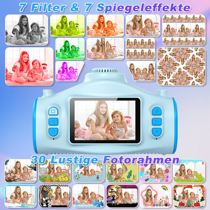 Kinderkamera mit Projektor, CHAKEYAKE 2 in 1 1080P Kinder Kamera mit Stativ, 32GB-Karte, 2500mAh Akk