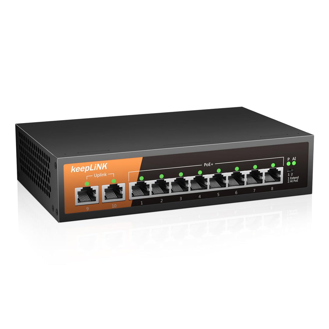 PoE Switch 10 Port LAN Switch mit 8 PoE+ Ports 100Mbps, 2 Uplink Ports 100Mbps, 135W 802.3af/at, 250