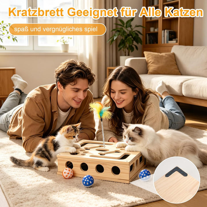 2-in-1 Kratzpuzzle Katzen Set, Katzen Kratzbrett mit Sandpapier, 3 Glockenbällen， Feder und 4 Antiru