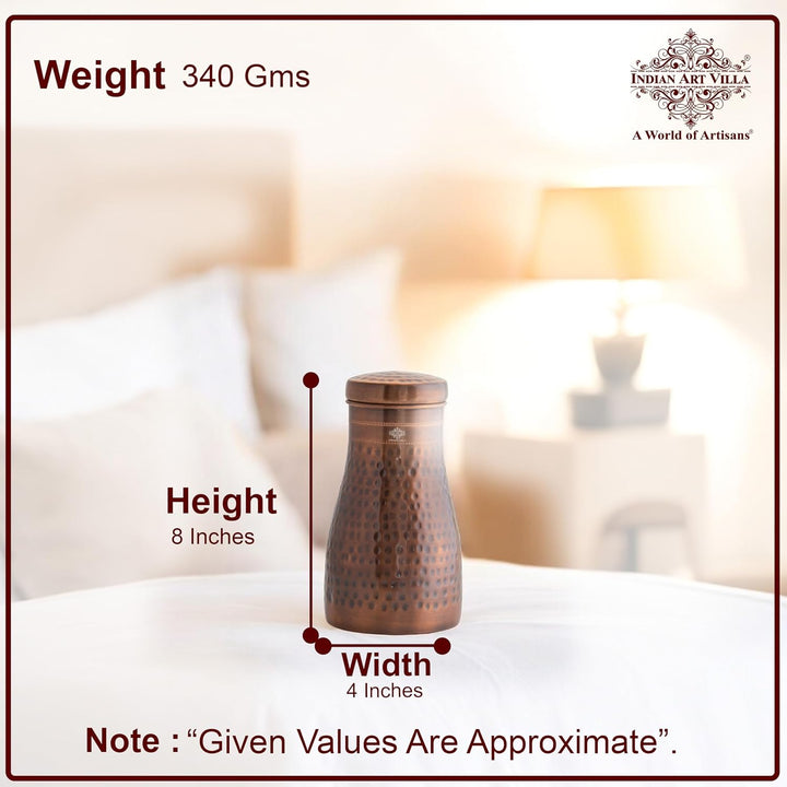 INDIAN ART VILLA Pure Copper Schlafzimmer Wasserflasche mit eingebautem Glas, gehämmertes Antik-Desi