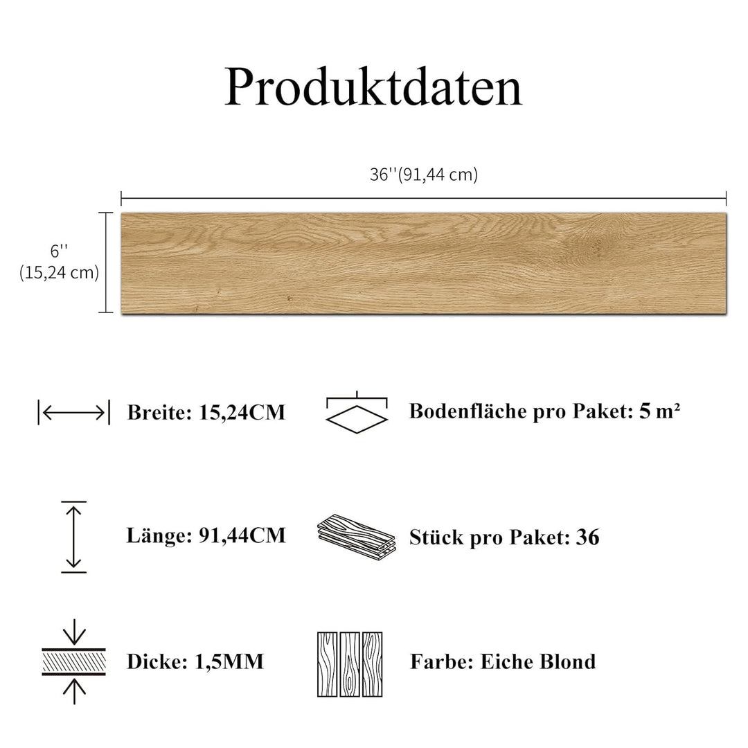 Mysflosy Vinylboden Selbstklebend, PVC Bodenbelag holzoptik wasserdicht, Eiche Blond 15,24 cm x 91,4