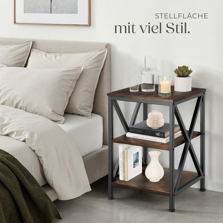 tectake® Beistelltisch aus Holz und Metall, Nachttisch mit 3 Ebenen, X-förmige Streben, Industrie-De