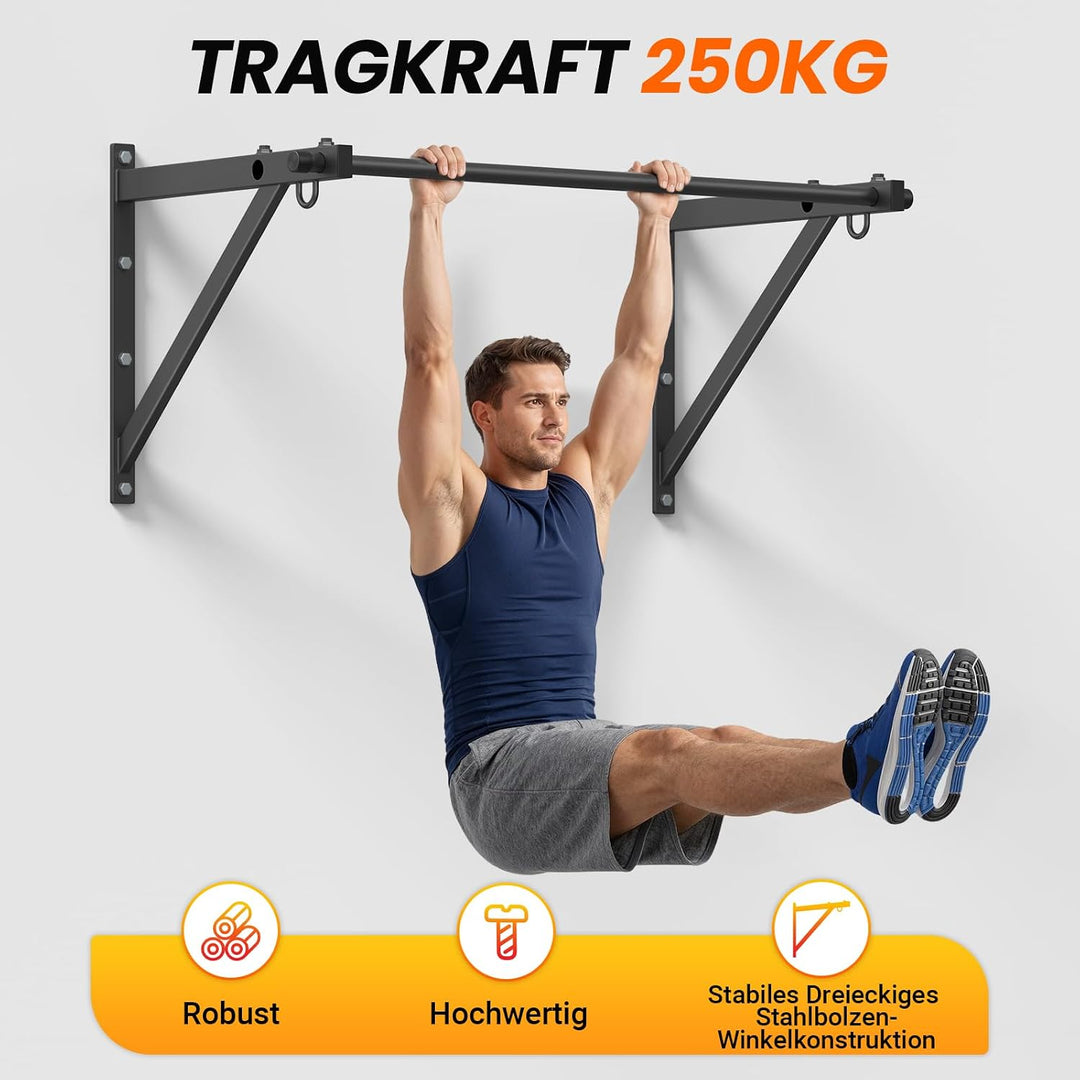 Jusgym Klimmzugstange Wandmontage 130 cm, Pull Up Bar 250 kg Tragfähigkeit, Klimmzugstangen für Kraf
