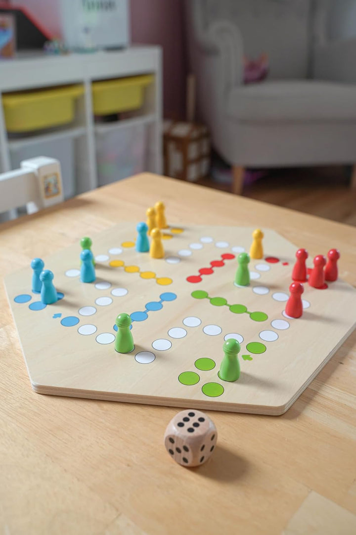 goki 56298 – Ludo für bis zu 6 Spieler aus Holz – Gesellschaftsspiel im XL-Format, Durchmesser ca. 3