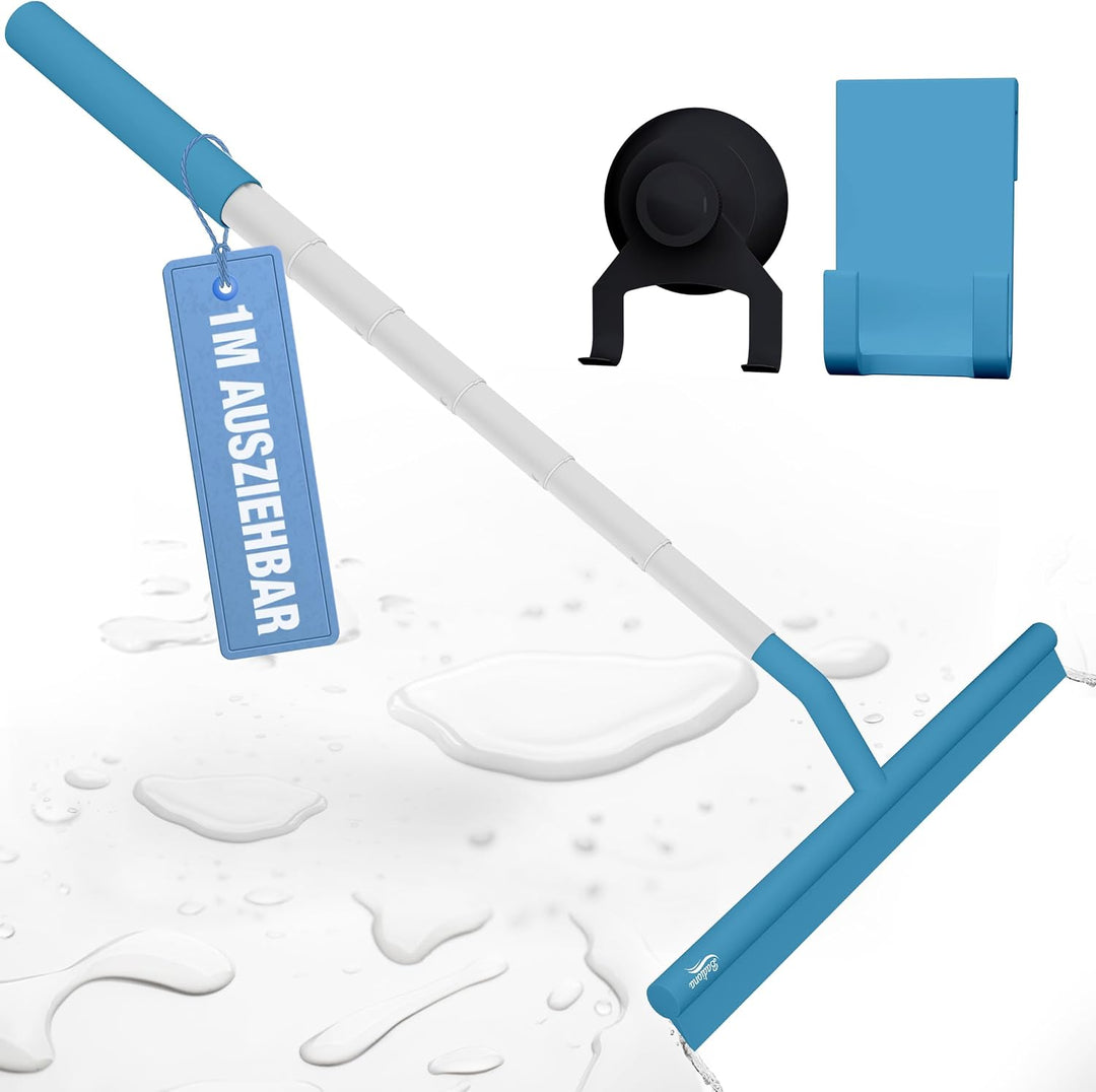 BADIONA Ausziehbarer Duschabzieher Blau - Abzieher Dusche Breit mit 100cm Teleskopstange & Haken I D