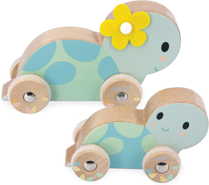 Janod J05148 Set aus 2 Holzschildkröten-Spielzeug zum Rollen-Geräuscharme Räder-Lernspielzeug-Förder