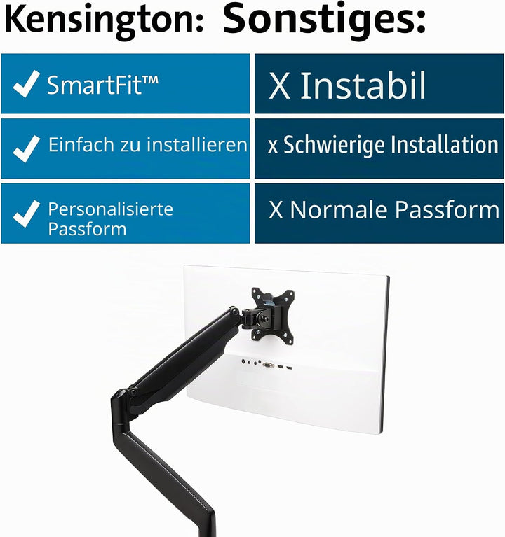Kensington SmartFit Monitorarm für 1 Bildschirm 13 - 34 Zoll und 9 kg, VESA 75/100, Gasdruckfeder un
