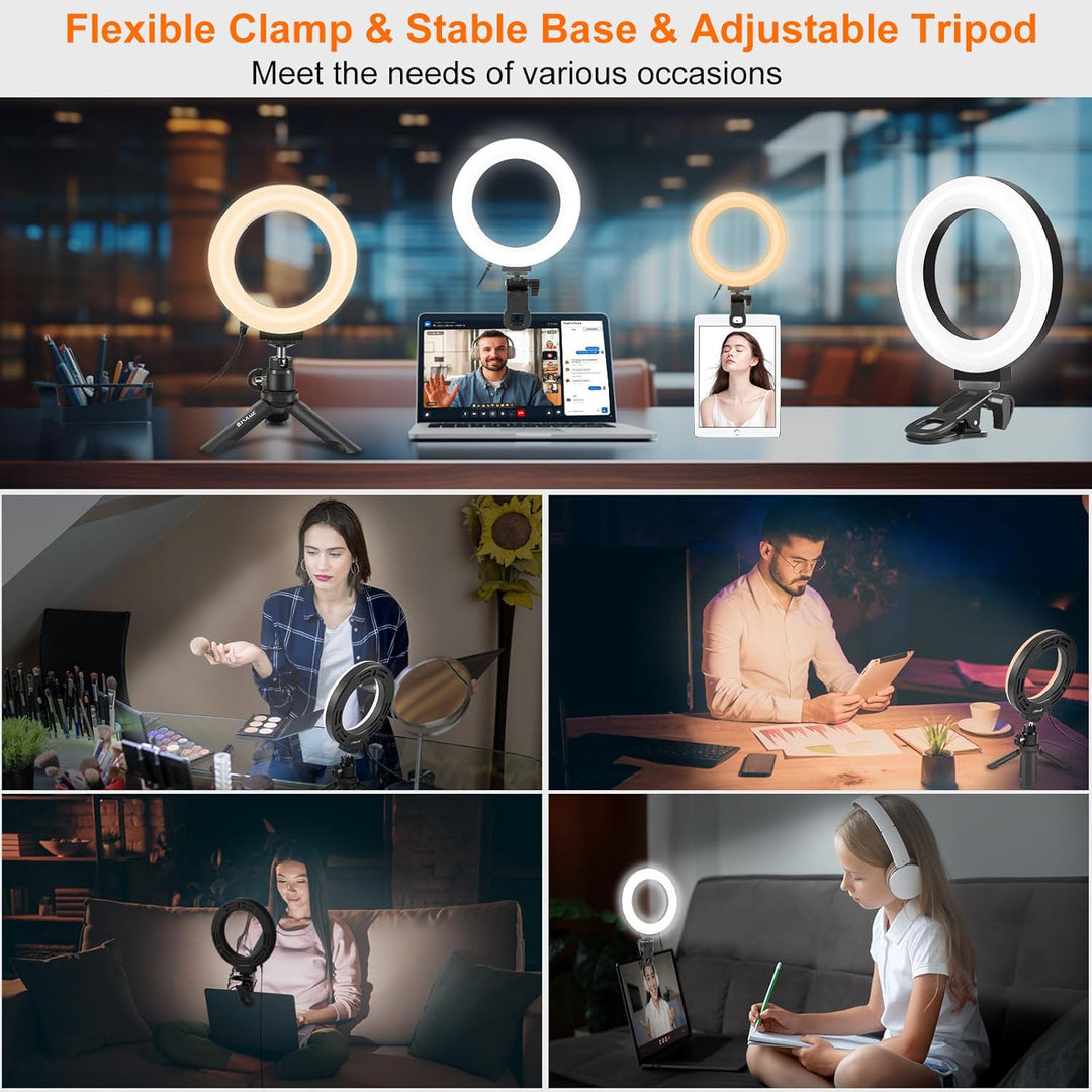 PULUZ Ringlicht Laptop mit 72LED, 6 Zoll Videokonferenz Licht mit Clip & Stativ 3 Lichtfarben+Hellig