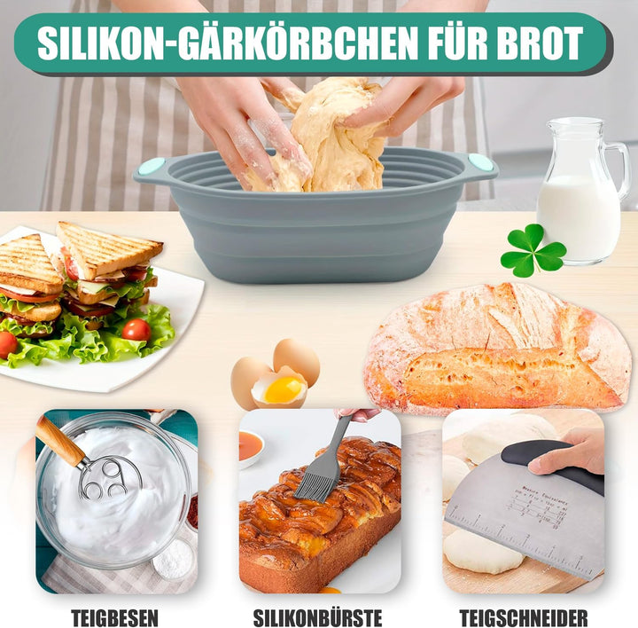 Professionelles Brotbackset aus Silikon – 2 faltbare & waschbare Gärkörbchen (rund & oval) mit Zubeh
