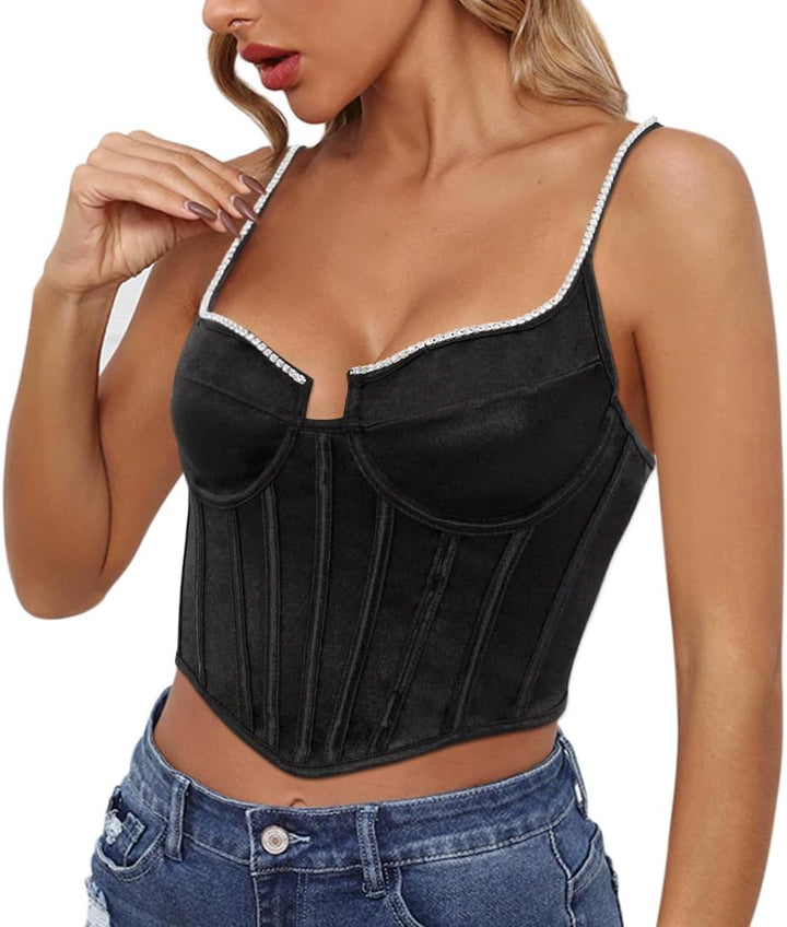 Naimo Damen Seide Satin Top Strass Korsett Bustier Cami Sexy Ärmellos Spaghettiträger Crop Tank Top