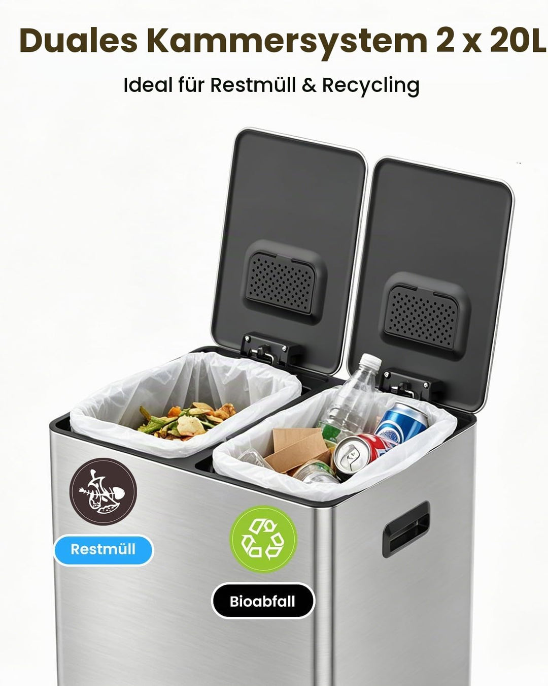 YEAUPE PRO Mülleimer Küche 40L 2x20L, 2 Fächer Abfalleimer mit Pedal, Edelstahl Mülltrennsystem, Tre