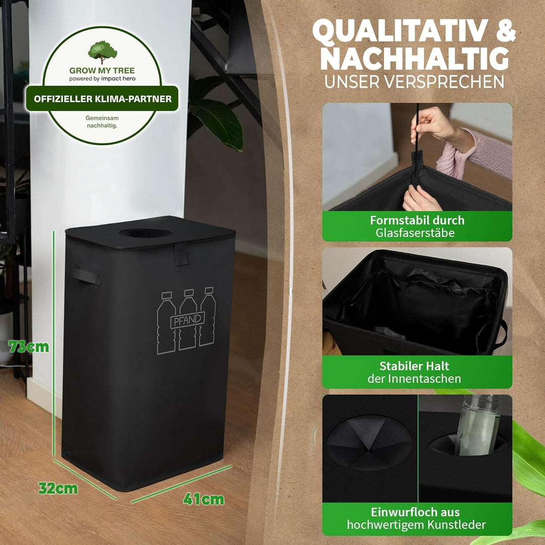 COTTARA® Pfandflaschen Sammelbehälter xxl mit Deckel und Tragetasche | Pfandbehälter mit Loch | Idea