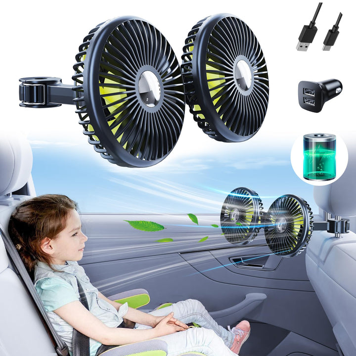 Akku Ventilator für Auto Rücksitz mit Einziehbarem Langem Arm, [Geschenk-Kfz Ladegerät & USB-C Kabel