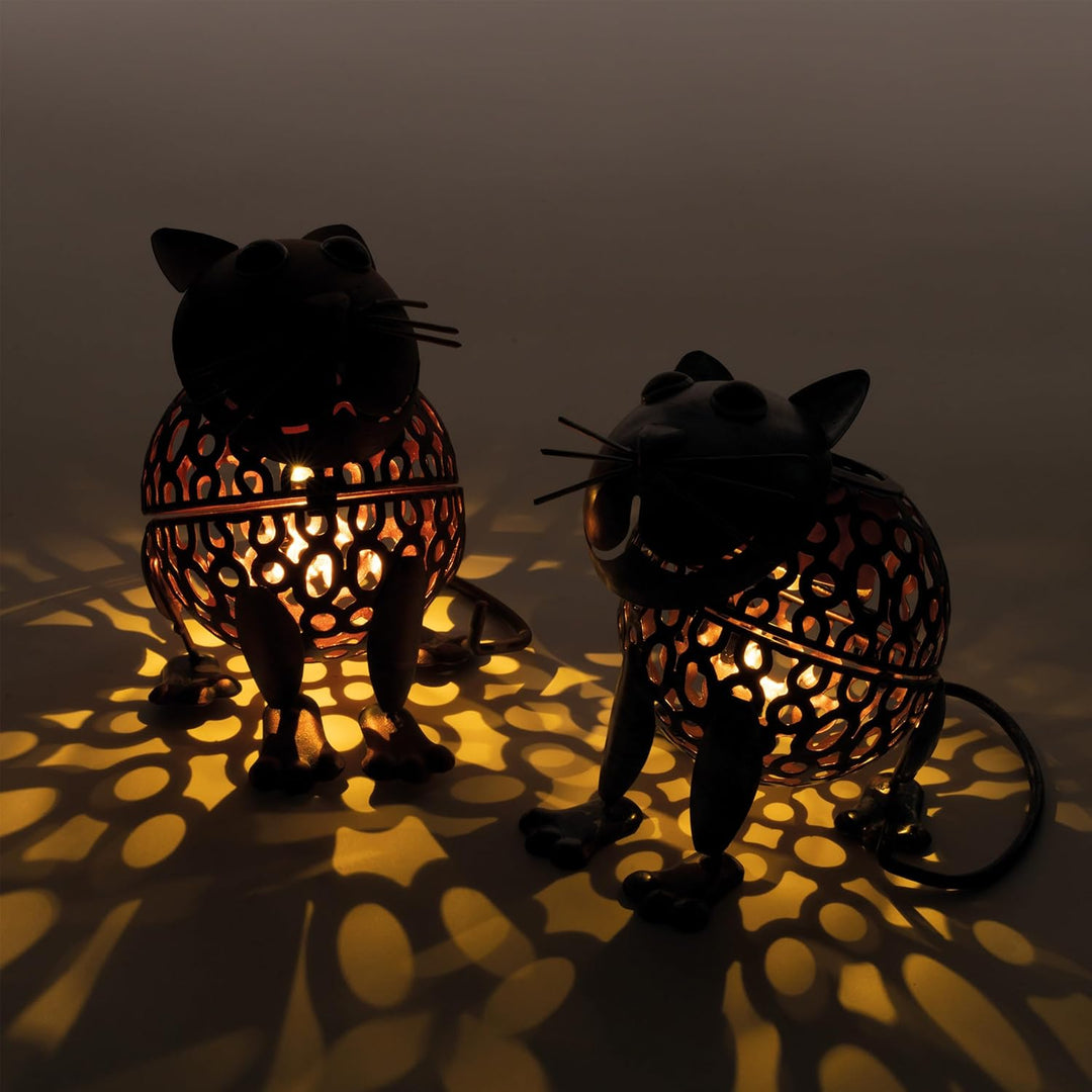 Esotec Solar Gartenfiguren Katzenpaar, Silber und kupferfarben, Metall, Akku, Solarmodul, Balkondeko
