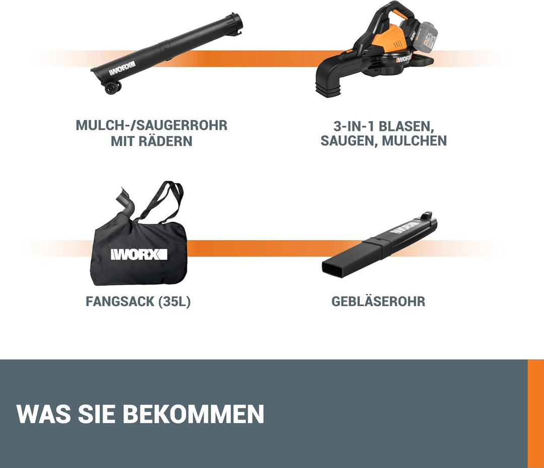 WORX WG583E.9 Akku-Laubbläser/Laubsauger 40V(2x20V) - 2 in 1 zum Laub Zusammenkehren & Aufsaugen - 3