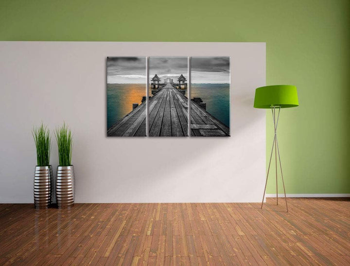 Pixxprint Bootssteg beim Sonnenuntergang als Leinwandbild | Grösse: 3 Teilig (120x80) | Wandbild| Ku