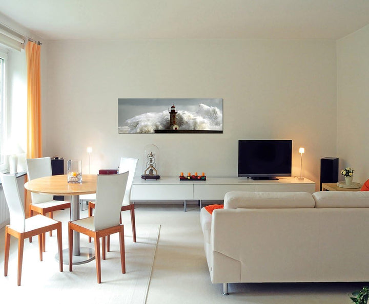 Paul Sinus Art Panoramabild auf Leinwand und Keilrahmen 150x50cm Meer Sturm Welle Leuchtturm