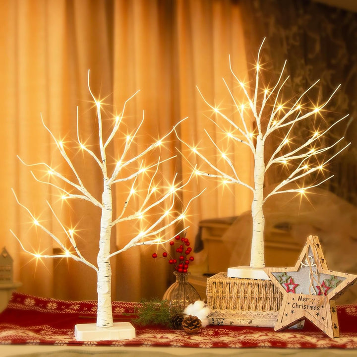 DELICHTER 2er Set Lichterbaum mit 24 Warmweissen LEDs Birken Bäumchen mit Timer-Funktion Dekozweige