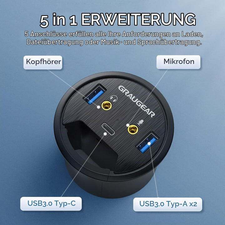 GRAUGEAR Tisch USB HUB mit 1x USB-C und 2X USB-A Anschlüssen, Tisch HUB mit 60mm Durchmesser, USB 3.
