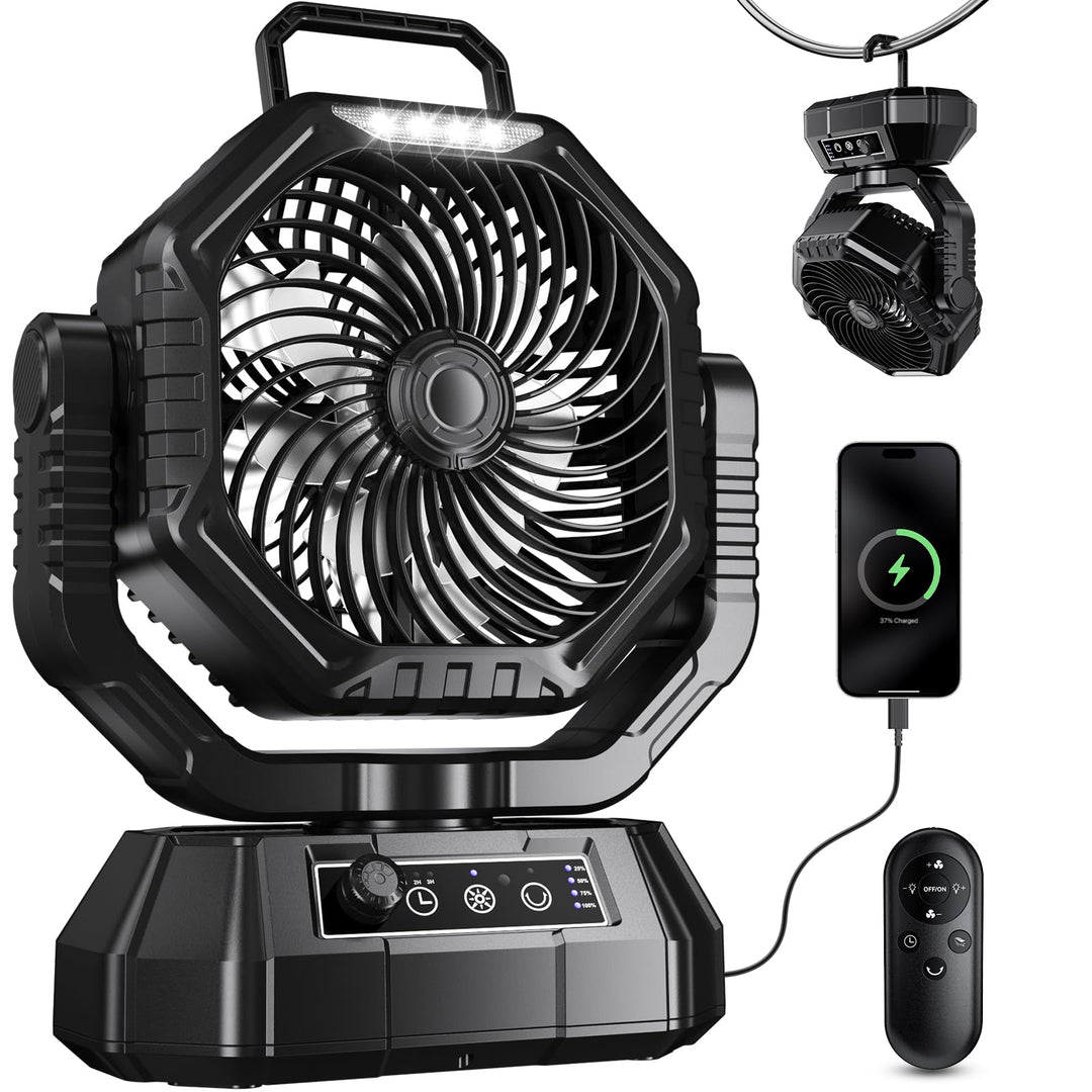 Camping Ventilator, 20000mAh Wiederaufladbarer Ventilator mit LED Licht & Haken, 270° Drehung, Stufe