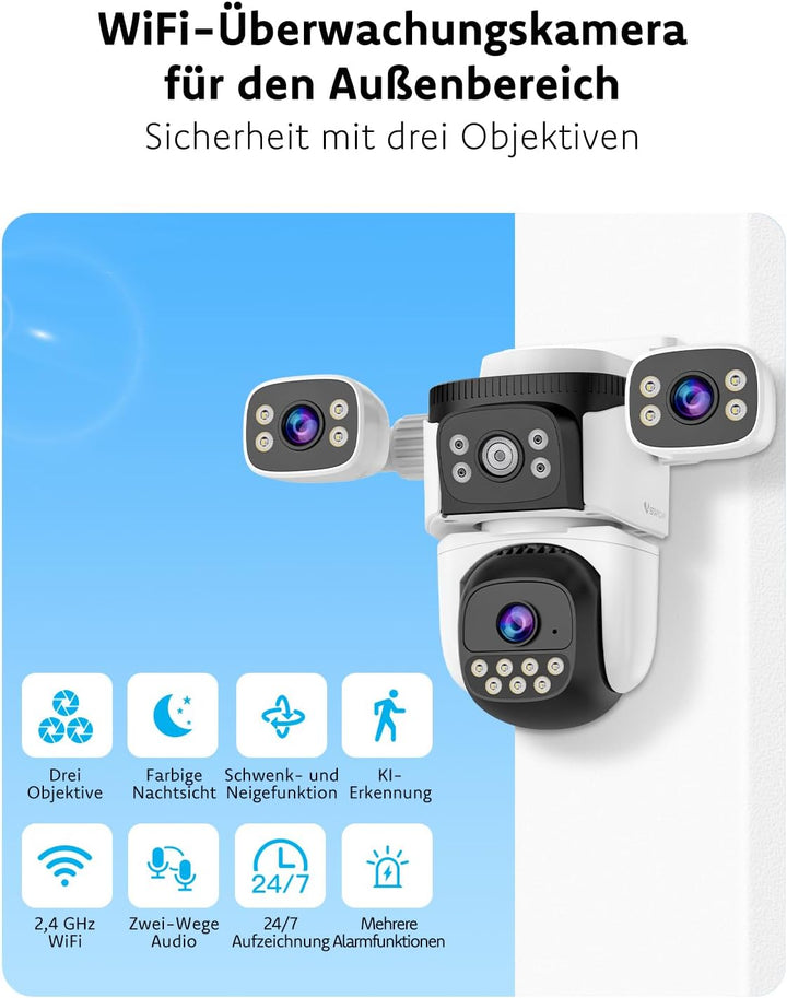 VSTARCAM 3-Linsen Überwachungskamera Aussen, 2K Kamera Überwachung Aussen 360° PTZ, Aussenkamera mit