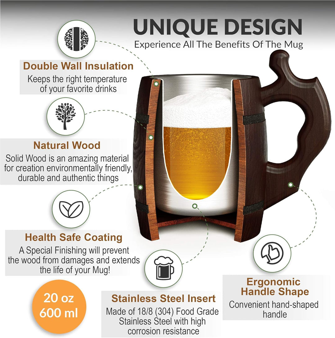MyFancyCraftLUKRA Bierbecher aus Eichenholz, handgefertigt, Edelstahl-Tasse, 0,6 Liter, 20 Unzen, Ba