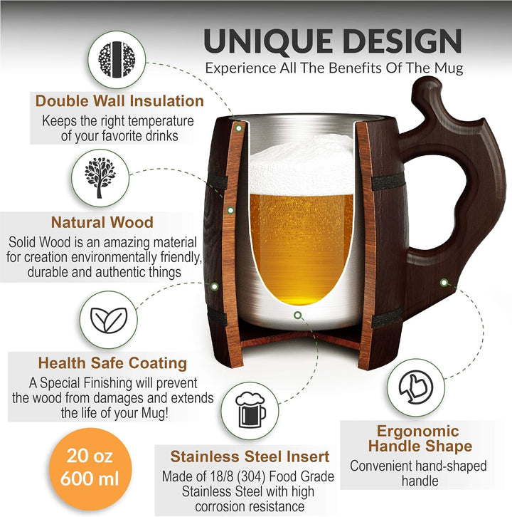 MyFancyCraftLUKRA Bierbecher aus Eichenholz, handgefertigt, Edelstahl-Tasse, 0,6 Liter, 20 Unzen, Ba