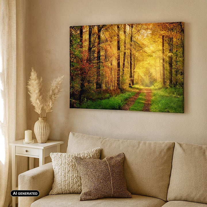 Bilder auf Leinwand 100x70cm Leinwandbild mit Rahmen Wald Baum Natur Gross Wanddeko Bild Schlafzimme