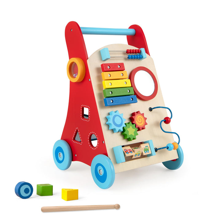DREAMADE Lauflernwagen Holz, Lauflernhilfe ab 1 Jahr, Baby Gehhilfe mit Spiegel &amp; Spielzeug, Gehfrei