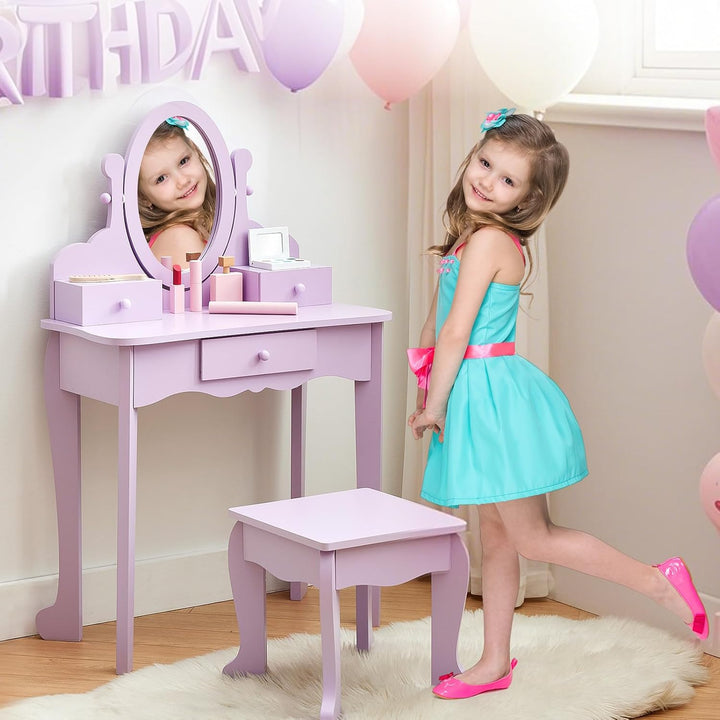 Garvee Prinzessin Schminktisch Set für Kinder aus Holz mit Spiegel & Hocker – Mit Schublade und Stuh