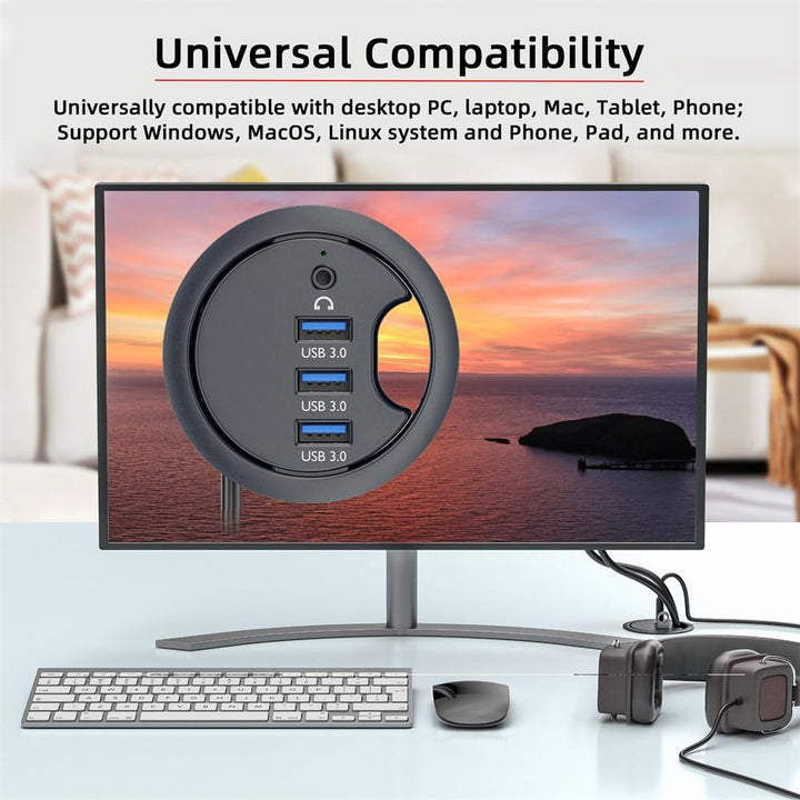 xiwai USB 3.0 Hub Splitter, Soundkarte 3 Port USB Multiport Expander 60 mm Schreibtischtülle Docksta
