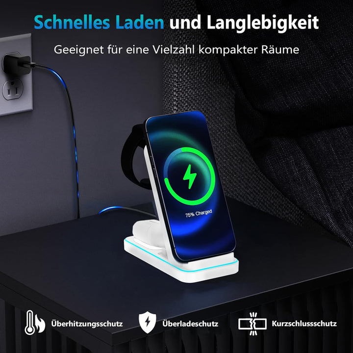 JOEAIS 3-in-1 Induktive Ladestation, Wireless Charger für Apple-Geräte mit Adapter, 15W Max Fast Mul