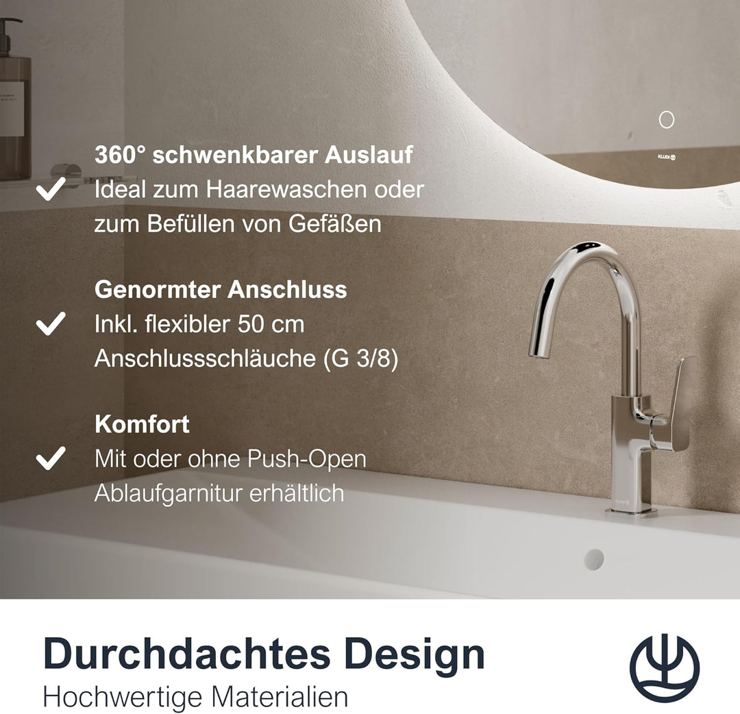 KLUDI-X3 Waschtischarmatur, 360° schwenkbar, Auslaufhöhe 180 mm, wassersparender Wasserhahn Bad Grös