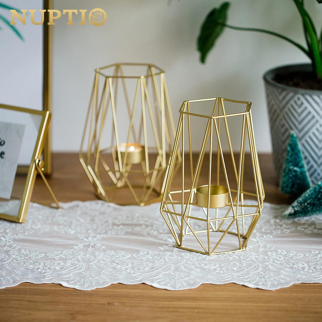 Nuptio 2 Stück Metall Sechseck Geformt Geometrisches Design Teelicht Votiv Kerzenhalter, Eisen Hohl