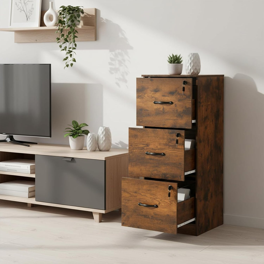 Aktenschrank Abschliessbar, Büroschrank Holz mit 3 Schubladen, Schubladenschrank Druckerschrank, Hän