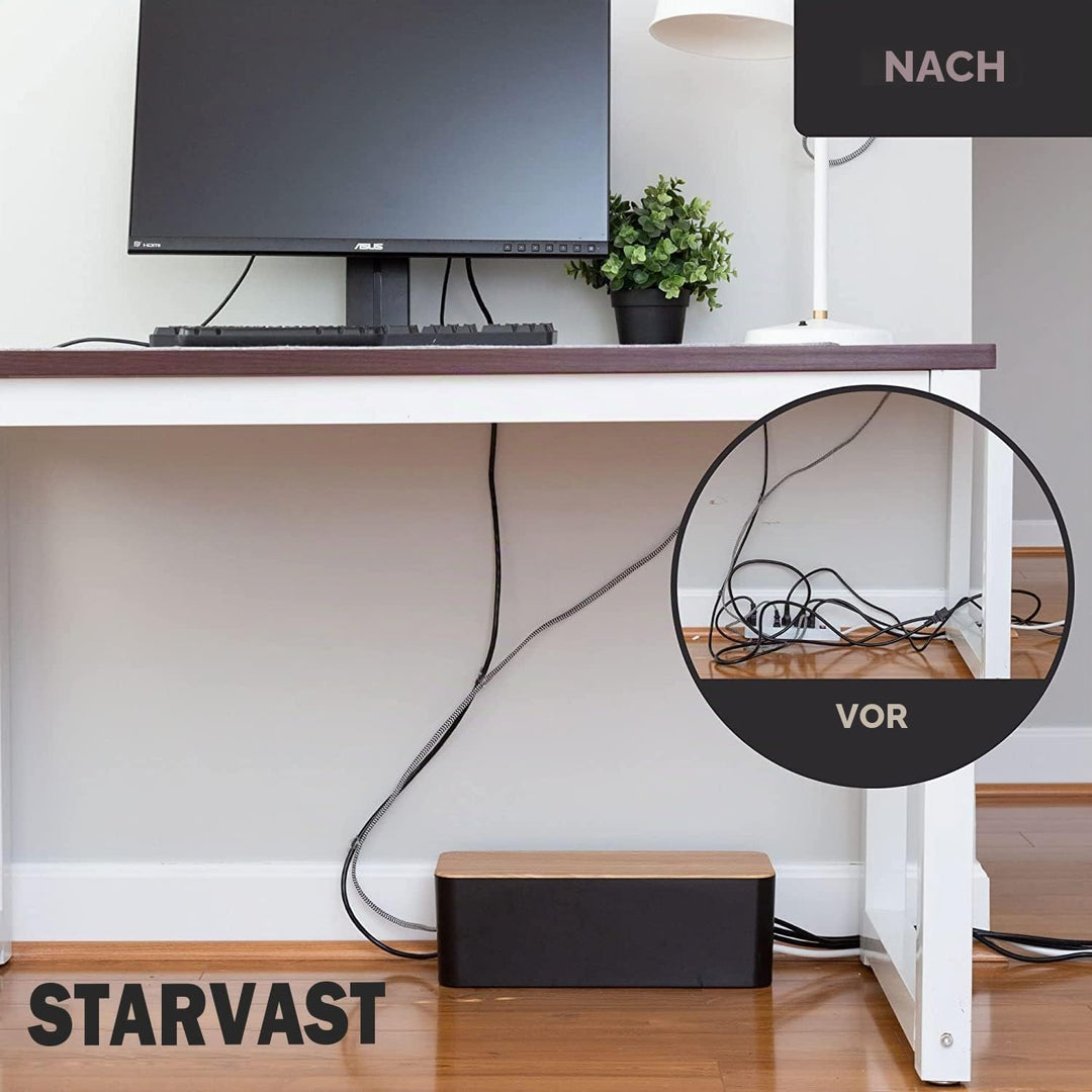 SENENQU 3er-Set Kabelbox Schwarz, Grosse Kabel Organizer Box mit Holzdeckel für Kabel, Grosse und Kl