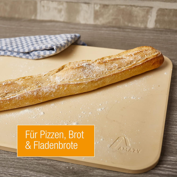 Amazy Pizzastein inkl. Aluminium Pizzaschaufel, Dauerbackfolie und Rezepte Heft – Der hitzebeständig