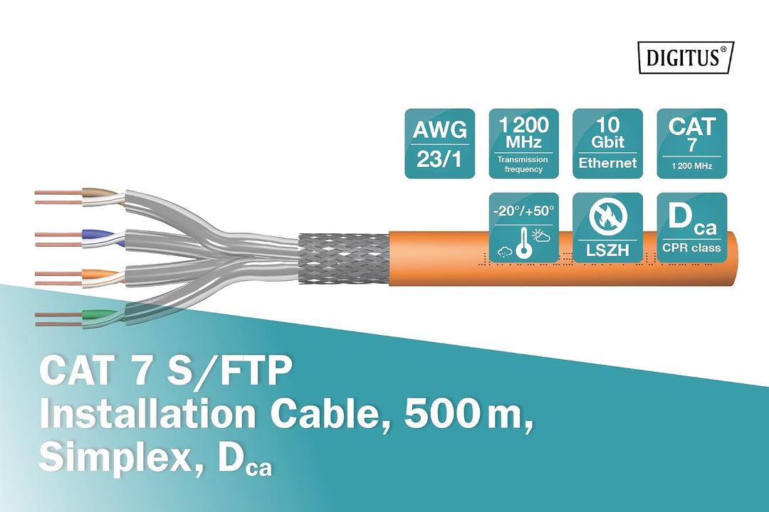 DIGITUS 500 m Cat 7 Netzwerkkabel - S-FTP (PiMF) Simplex - BauPVO Dca - LSZH Halogenfrei - 1200 MHz