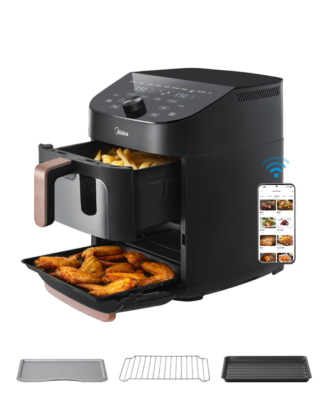 Midea Vertikale Luftfritteuse Doppelzone, 10 in 1, 11 l, 2400 W | 2 Schubladen 5 l &amp; 6 l, antihaftbe
