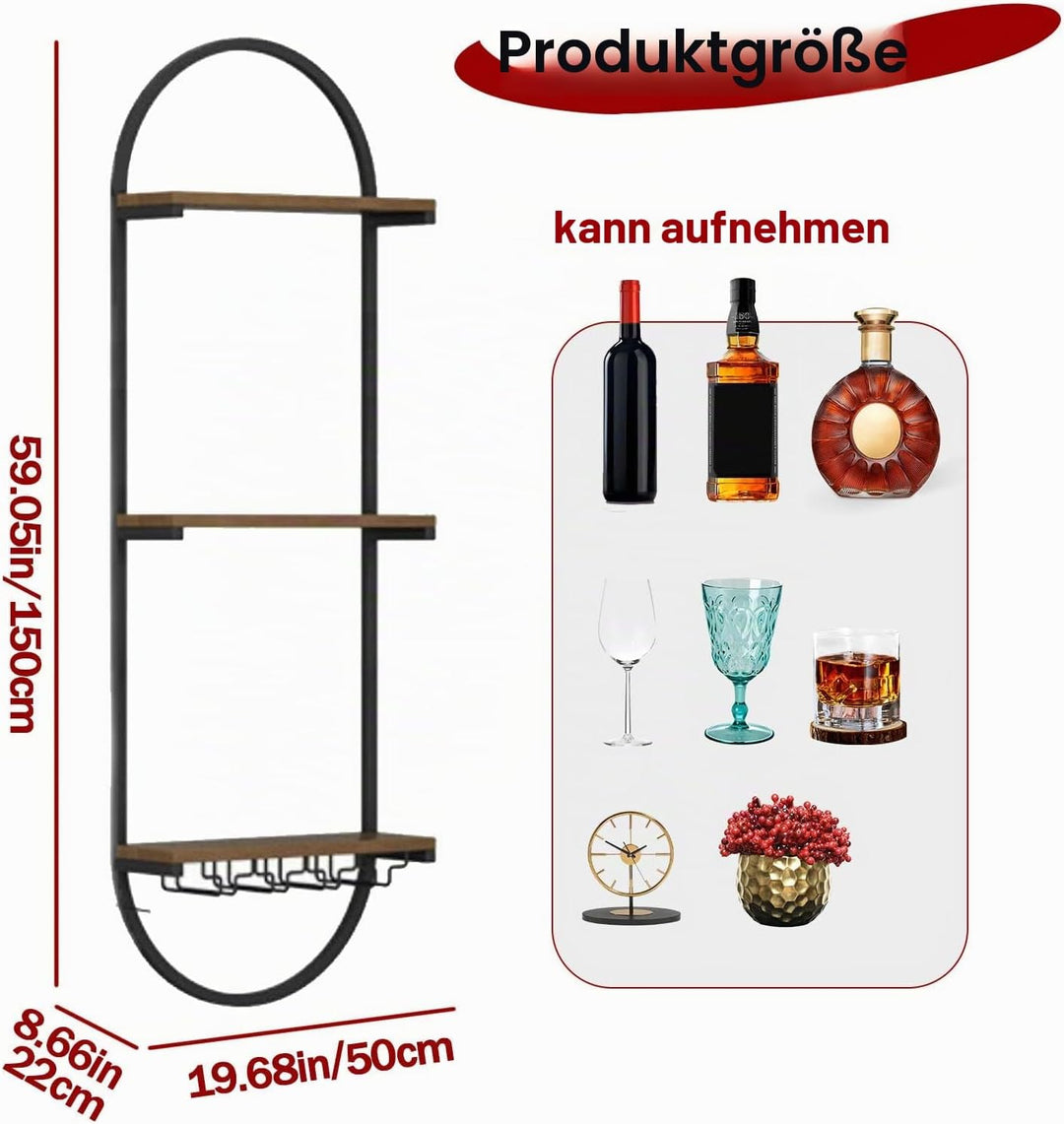 Weinregal Wand aus Metall, schwarzes schwebendes Industrieregal, 3-stufiger Wandmontage Wine Display