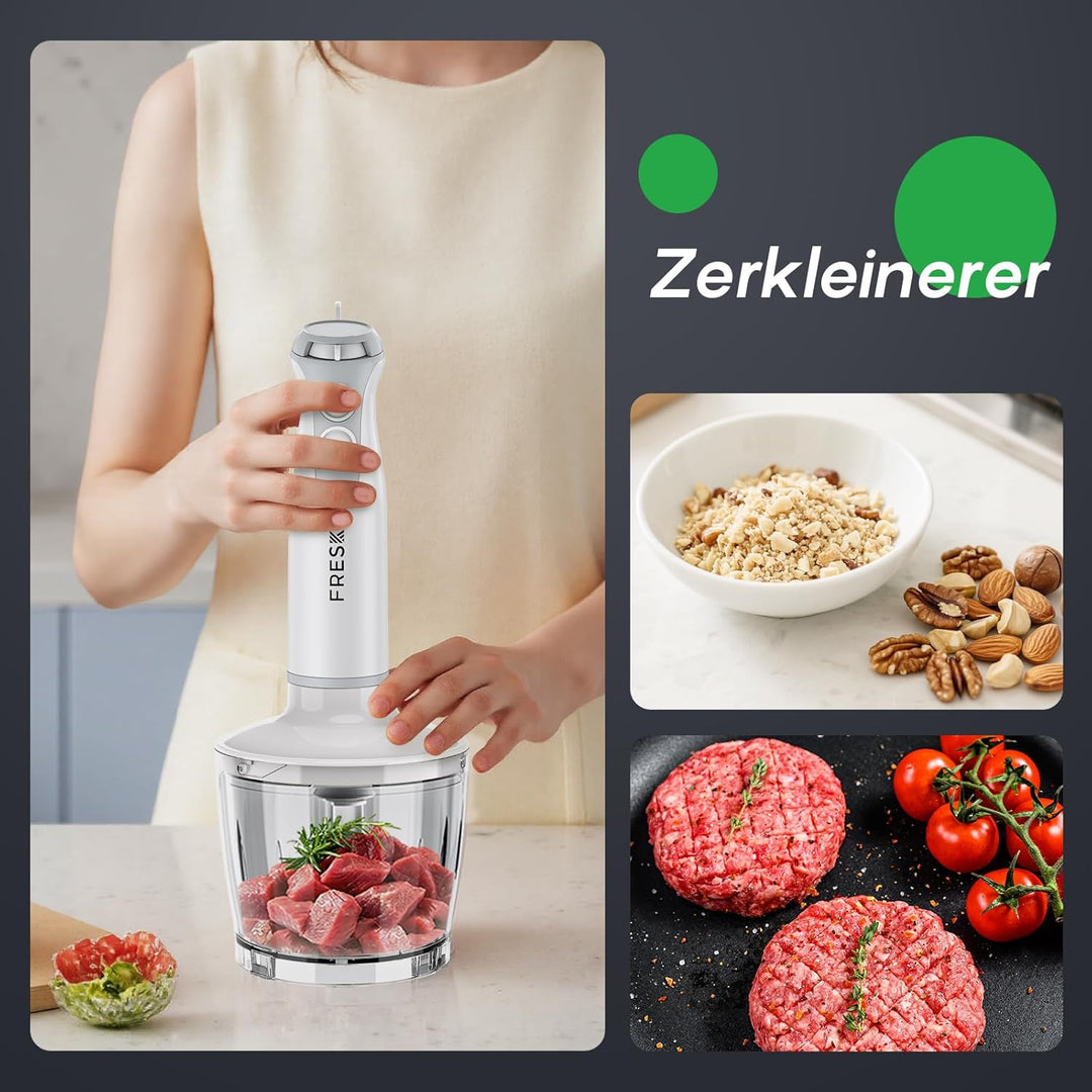 FRESKO 4-in-1 Stabmixer, 1000W Pürierstab Edelstahl, 12 Geschwindigkeiten und Turbo, inkl. 500ml Leb