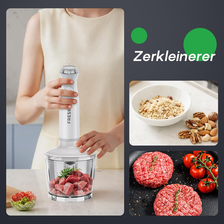 FRESKO 4-in-1 Stabmixer, 1000W Pürierstab Edelstahl, 12 Geschwindigkeiten und Turbo, inkl. 500ml Leb