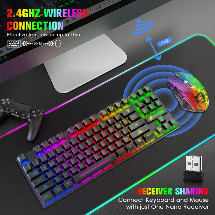 Kabellose Gaming-Tastatur und Maus, 87 Tasten, Regenbogen-LED-Hintergrundbeleuchtung, wiederaufladba