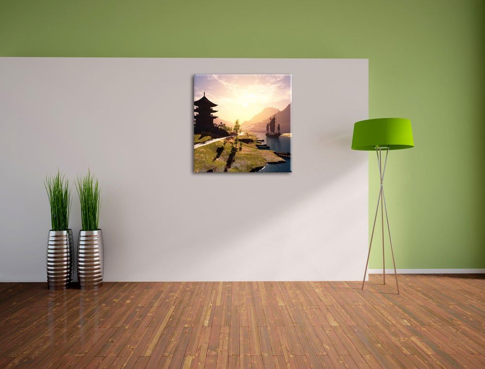 Pixxprint asiatischer Tempel an Fluss als Leinwandbild | Grösse: 70x70 cm | Wandbild | Kunstdruck |