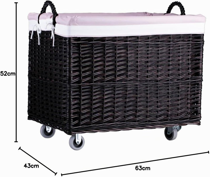 e-wicker24 Aufbewahrungstruhe, Wäschekorb, rechteckig, Weidenkorb mit Rollen und Stofffutter, Aufbew