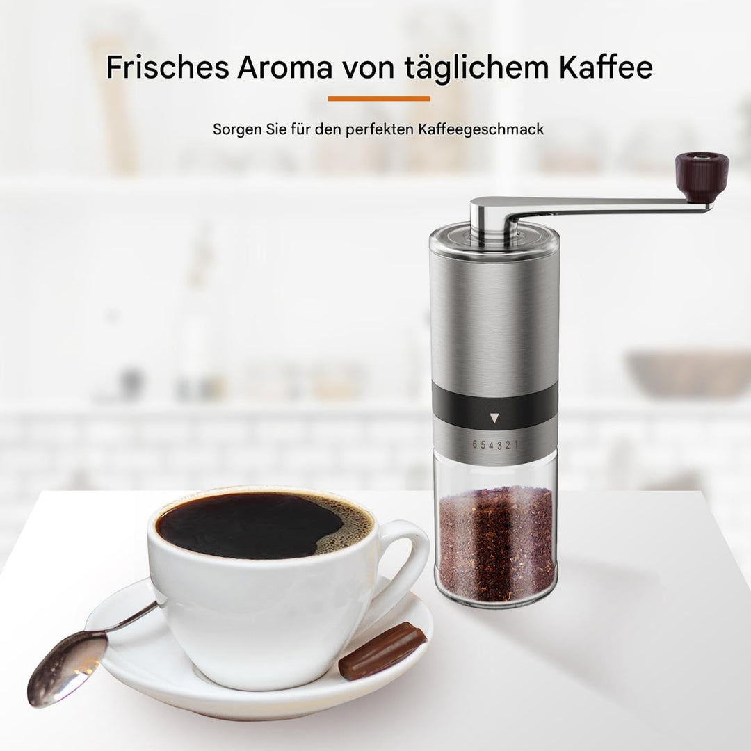 BRAVECOW Tragbare kaffeemühle manuell,Kegelmahlwerk aus Edelstahl kaffee mühle mit 6 einstellbaren S