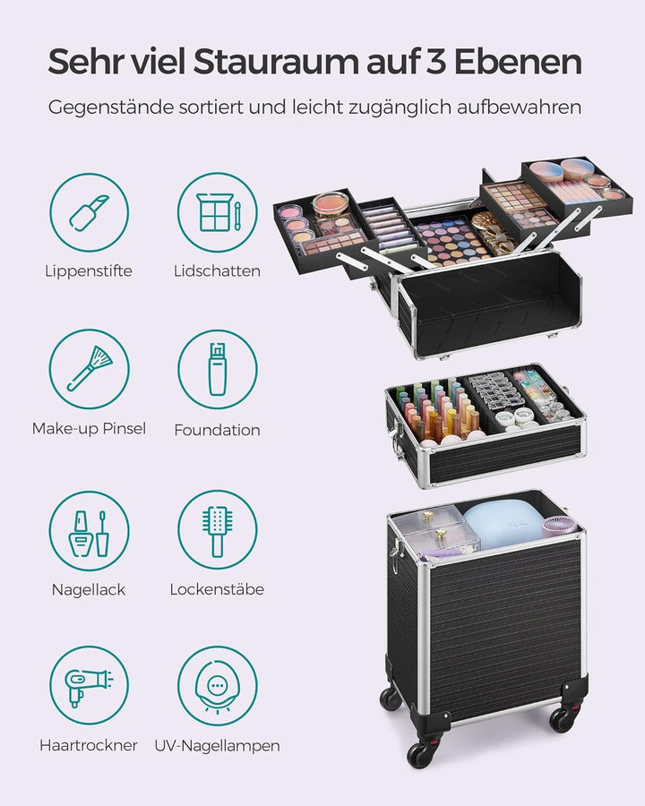 SONGMICS Kosmetikkoffer, Trolley, 3-in-1 Schminkkoffer, extra gross, Friseurkoffer, 34 x 24 x 70,5 c