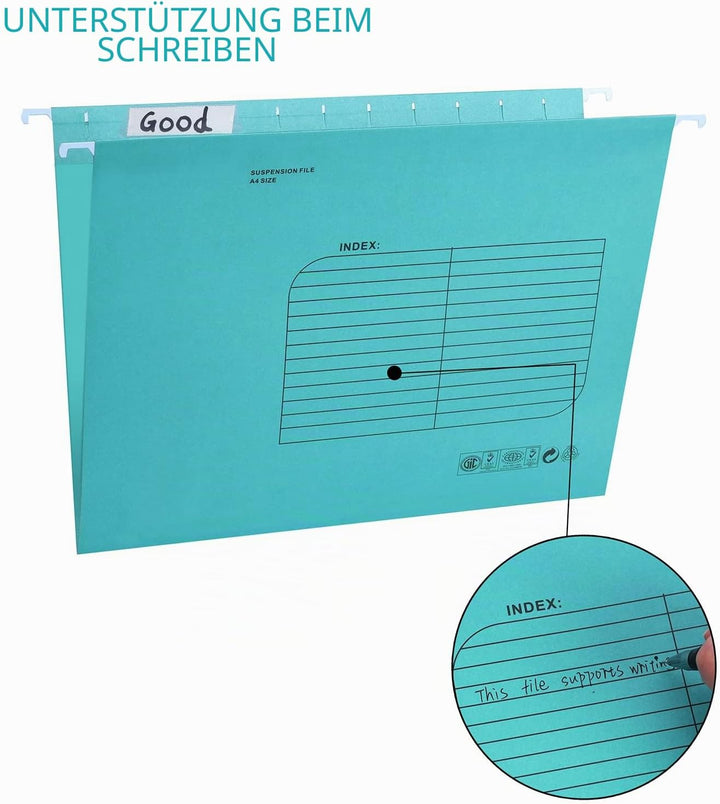 Hängemappen A4,25 Stück Hängemappe mit Tabs und Karteneinsätzen für Schule, Zuhause, Büro(Blau), Bla