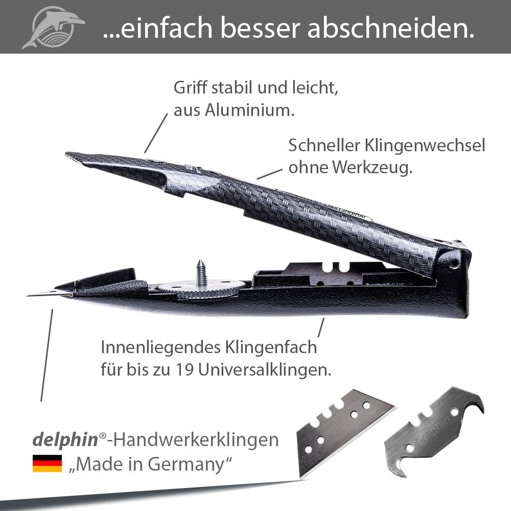 Delphin®-03 Teppichmesser, Design Edition, Feststehende Klinge, Profi Cuttermesser, Alu, Klingen und