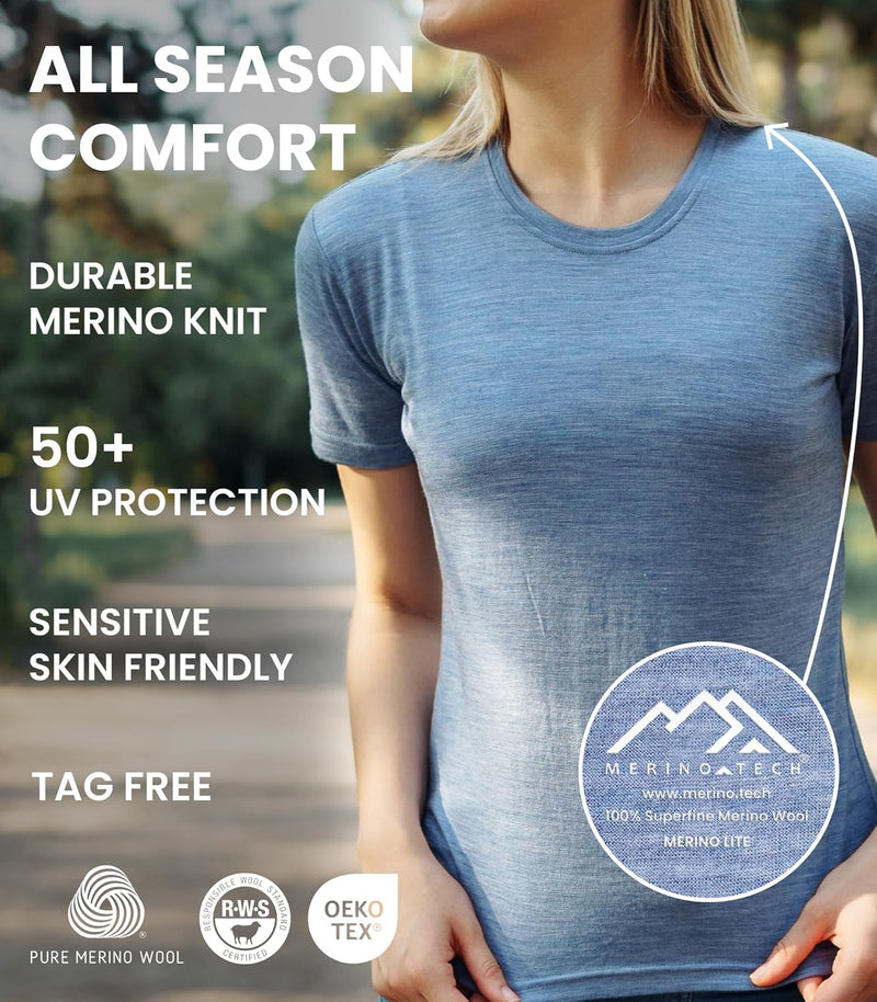 Merino.tech 100% Merino Shirt Damen Wandern - Merinowolle Tshirt Damen Kurzarm - Sport Thermo Unterh